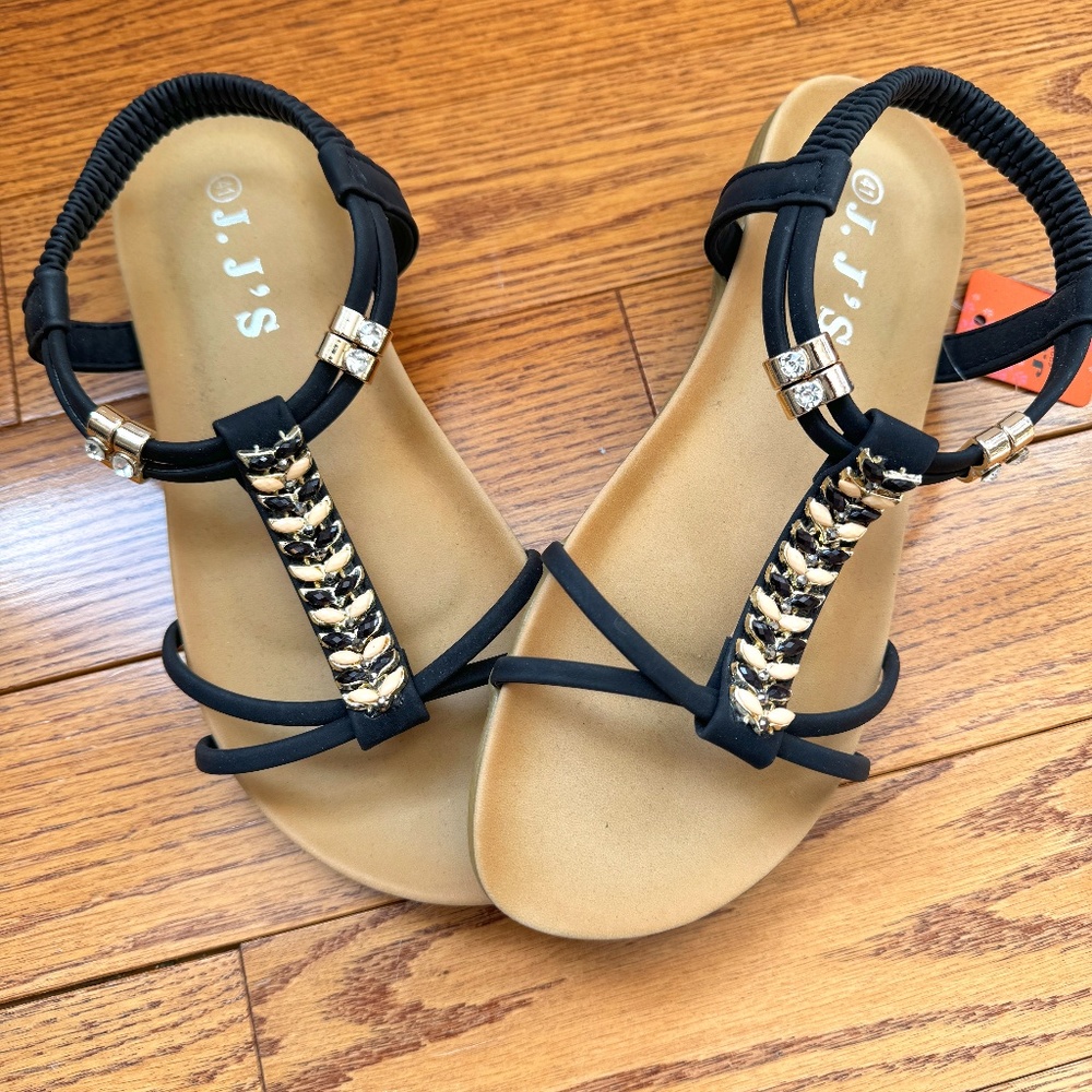 J.J's Brand Sandal with Black Straps and Gold/Rhinestone Embellishments
